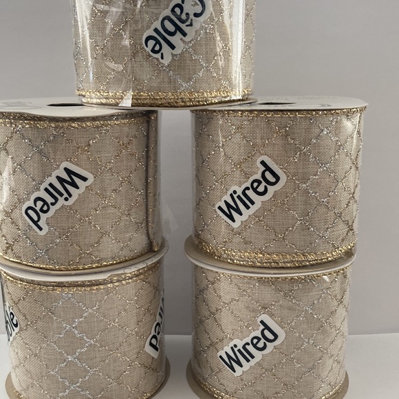 5 Offray Wired Edge Ribbon Gold Silver Glitter Cross Hatch Pattern 2.5" - Picture 15 of 16